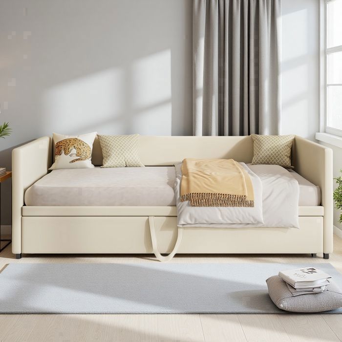 Uitschuifbare 2-zits slaapbank (90/180x200cm), beige fluweel, stevig FSC-gecertificeerd houten frame, ruimtebesparend, modern design