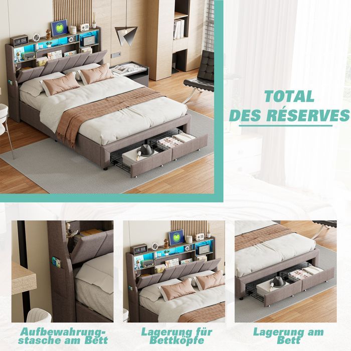 Letto matrimoniale 160 x 200 cm, letto per adulti 160x200 cm con 2 cassetti, con illuminazione a LED, struttura letto, testiera con contenitore, materiale in lino, grigio