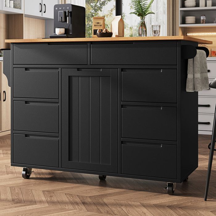 Îlot de cuisine moderne avec espace de rangement, buffet mobile, porte simple avec huit tiroirs, plan de travail rabattable, noir