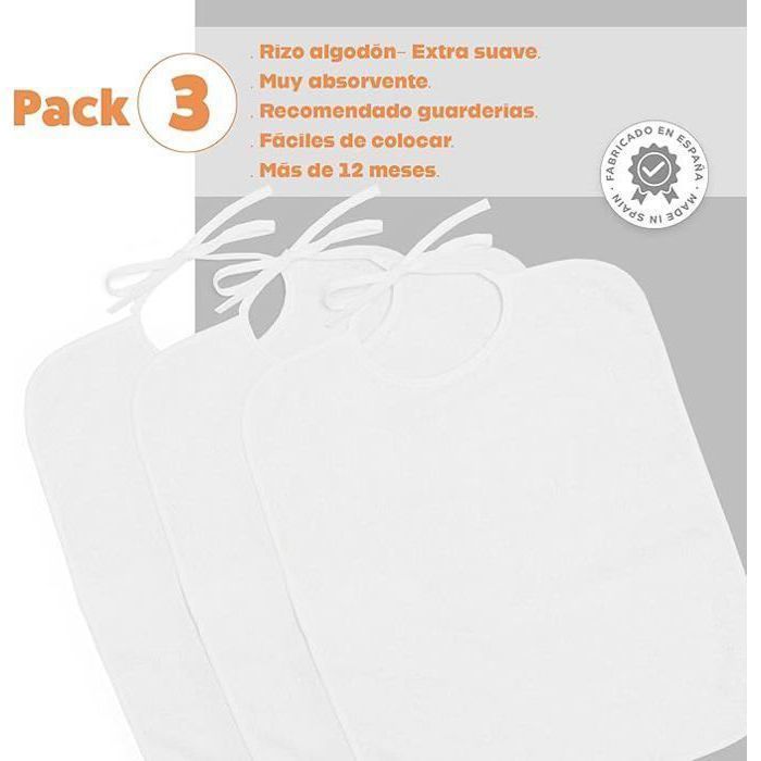 Ti TIN | Pack of 3 Terry Cloth Bibs | For Babies Over 1 Year Old | Ribbon Closure | White | 32x36 cm