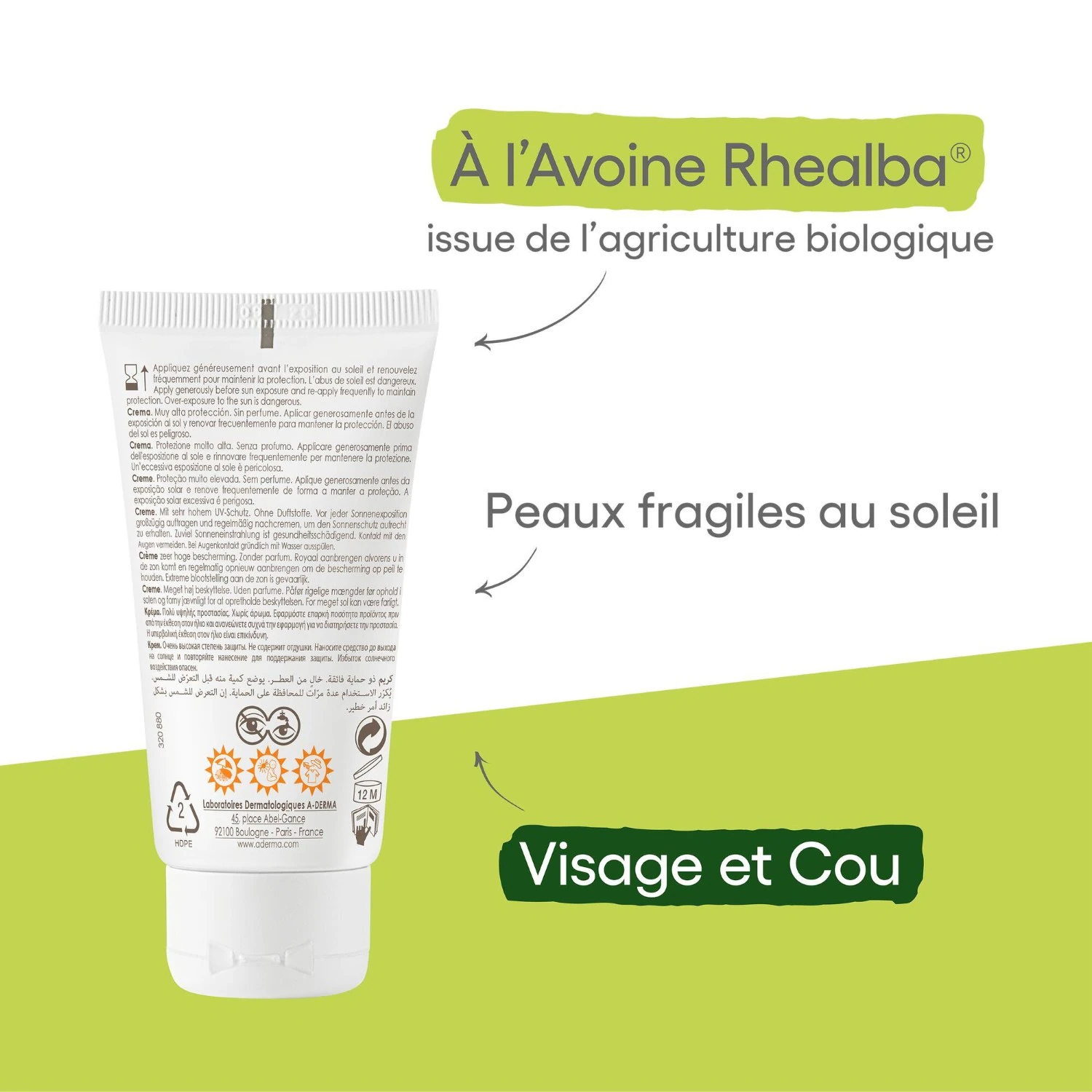 A-DERMA Crème solaire visage SPF50+ sans parfum
