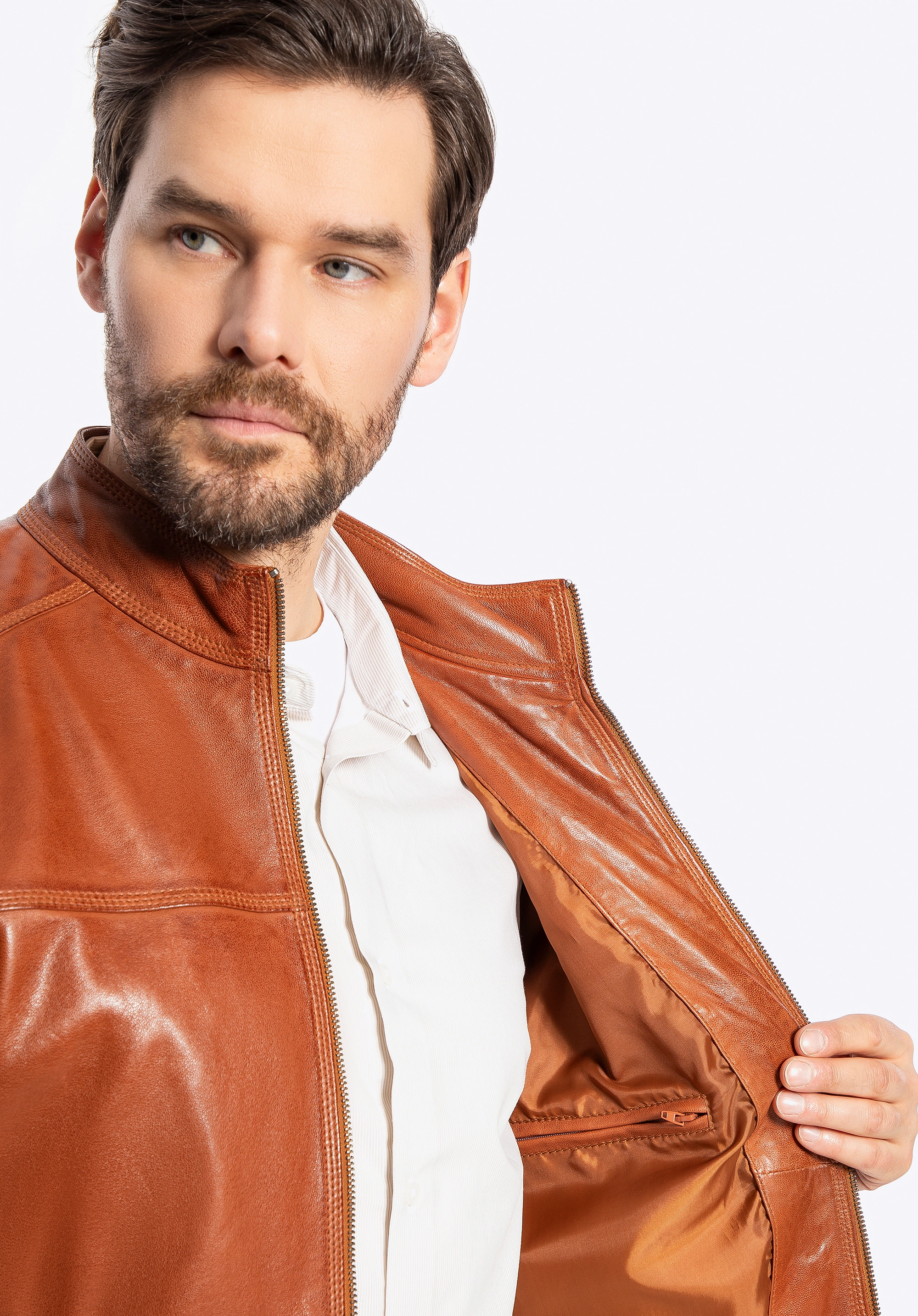 Męska kurtka biker ze skóry naturalnej jasny brąz