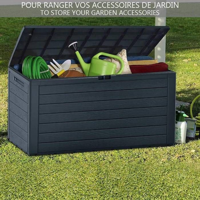Caja de almacenamiento para jardín VOUNOT® con asas, 280 L - Baúl de almacenamiento exterior de PP - 116 x 44 x 55 cm - Estilo madera antracita