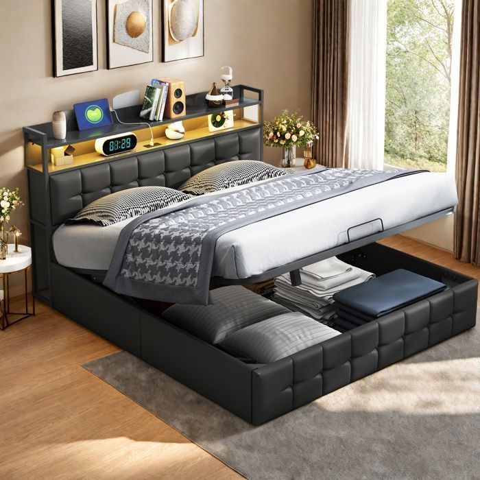 160 x 200 cm storage bed, 160x200 bed with slatted base, adult bed with USB port and LED, bed frame, with headboard, Black, PU