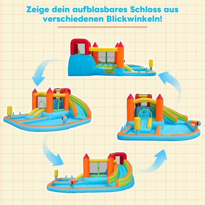 Inflatable Castle for Children, Inflatable Play Area with Blower, Slide, Trampoline, Pool, Water Gun for 3 to 8 Year Olds
