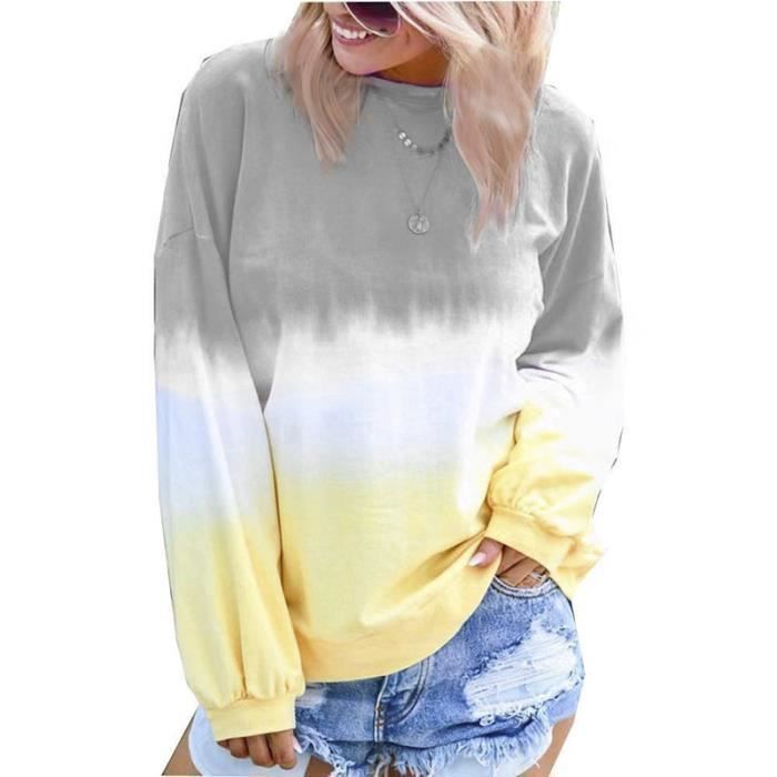 Sudadera de cuello redondo para mujer 2025, estampado degradado arcoíris, tendencia primavera/otoño - Gris