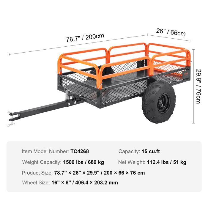 Remolque basculante VEVOR - Capacidad de carga de 680 kg - Remolque utilitario de jardín de alta resistencia - para tractor, cortacésped, ATV