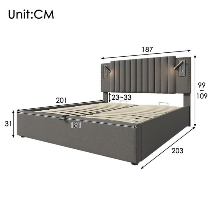 Cama doble tapizada de 180x200 cm - Cabecero con puerto USB - Compartimento de almacenamiento - Gris vintage