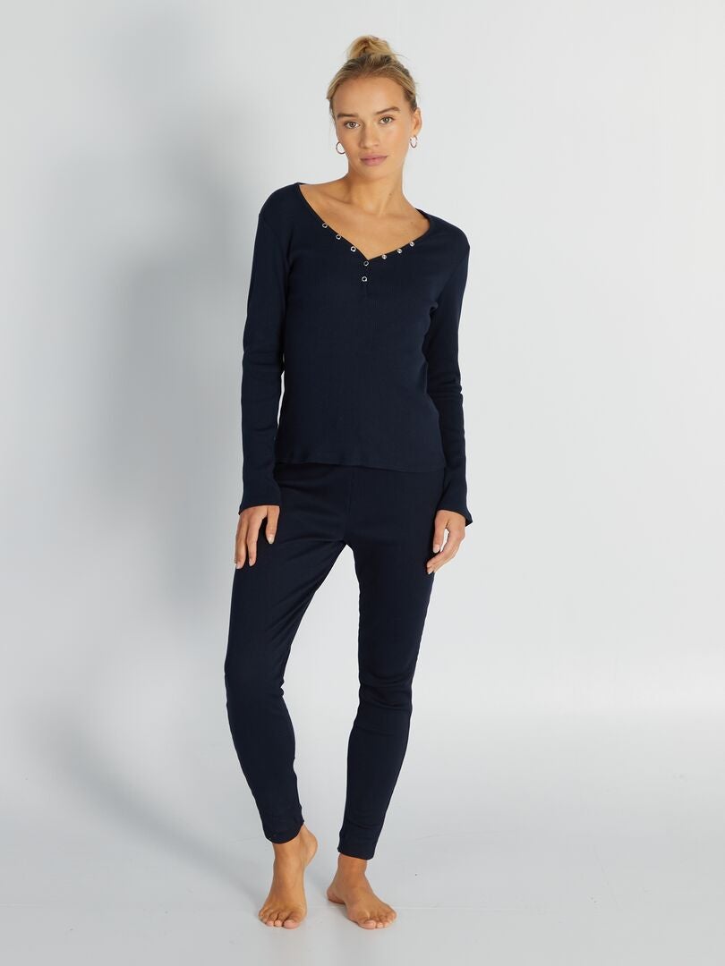 Geribbeld gebreid pyjama-T-shirt - BLAUW