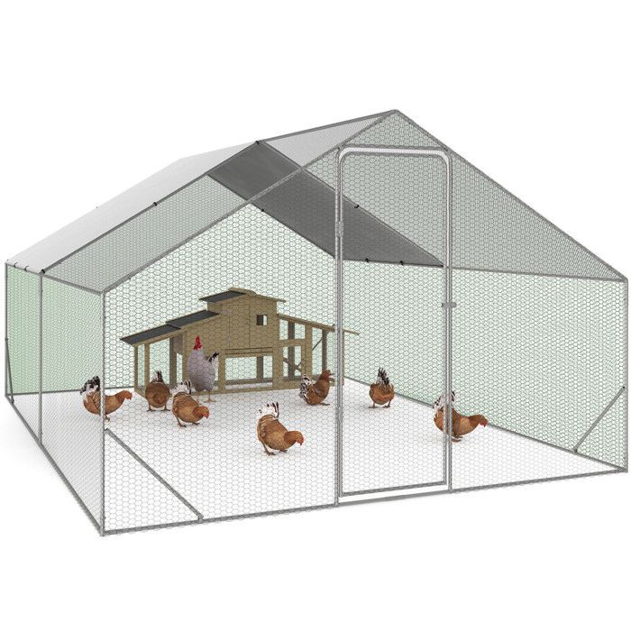 IDMARKET Kippenhok met omheining 12 m² 4x3 m, gegalvaniseerd stalen gaas.
