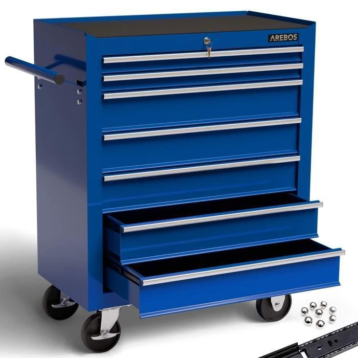 AREBOS Chariot à outils 7 tiroirs, robuste, sécurisé, avec roulettes pivotantes et grande capacité de rangement.