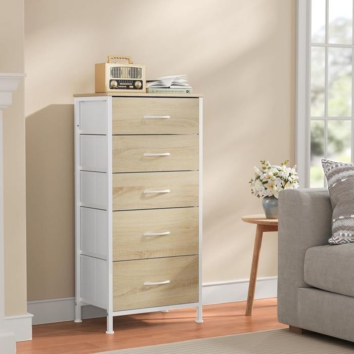Cómoda WOLTU - Tocador con 5 cajones de tela - Mueble de MDF y metal - Roble claro + Blanco W0ITT5021