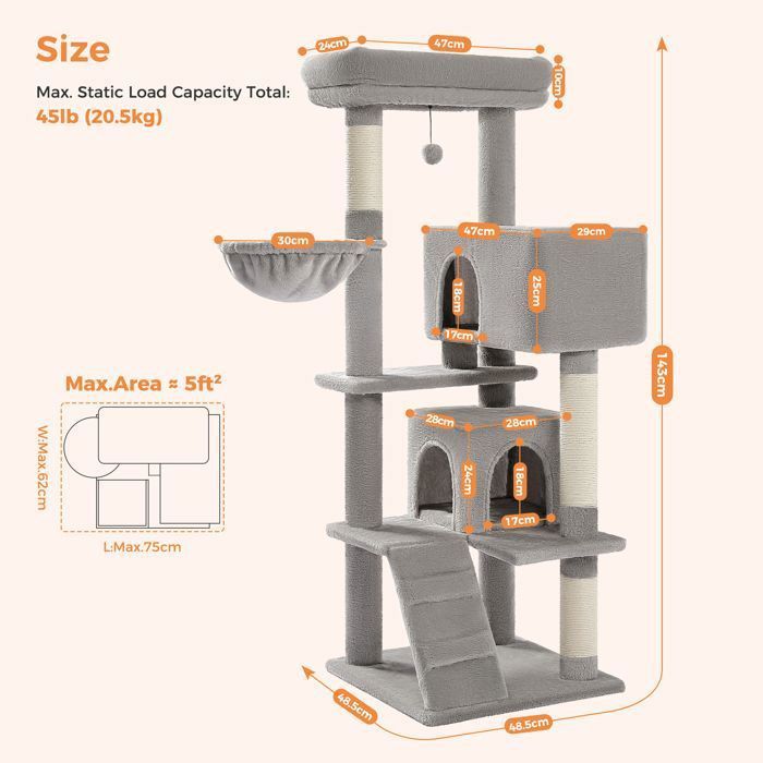 Árvore para Gatos PAWZ Road XL com Almofada Removível, Poste para Arranhar, Condomínio Duplo Grande para Gatos Grandes, 143cm Cinza
