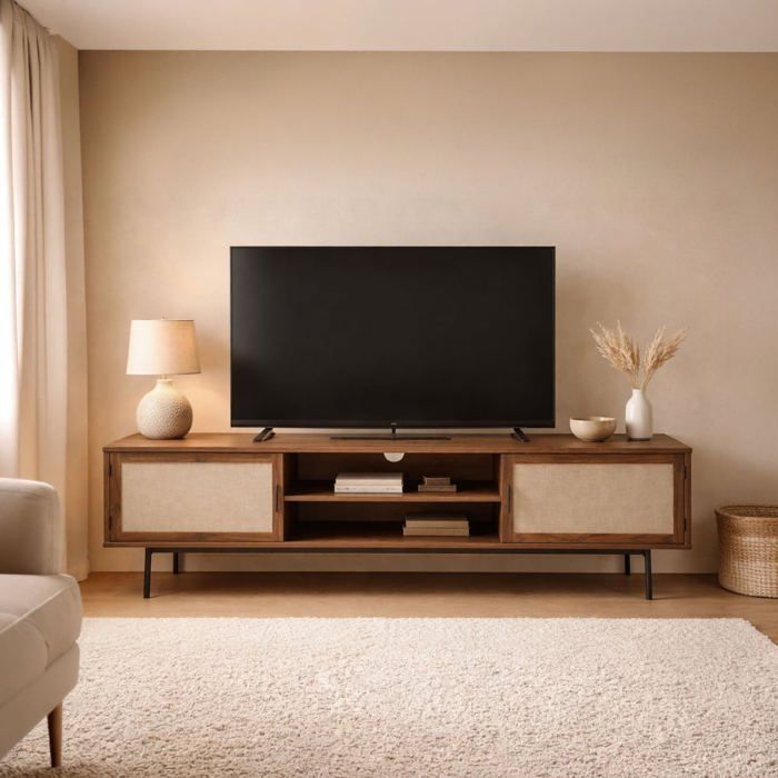 CALICOSY - Meuble TV décor noyer avec façades en tissu  L140 cm JETSON - Bois foncé