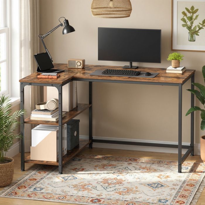 Bureau en L, Étagères Réglables avec Rangement, 110 x 80 cm, Marron