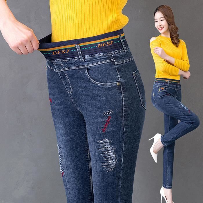 Jeans Femmes - FUNMOON - Taille Haute - Élastique - Coton - Style Occasionnel