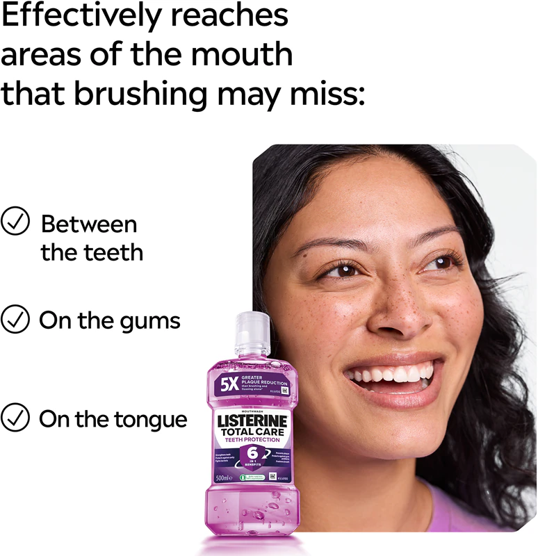 Enxaguante bucal Listerine Total Care Teeth Protection 6 em 1 para proteção dental completa.