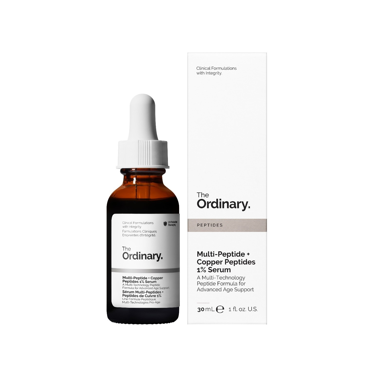 „The Ordinary“ senėjimą stabdantis serumas su multipeptidais ir kupferpeptidais (1 %) – 30 ml