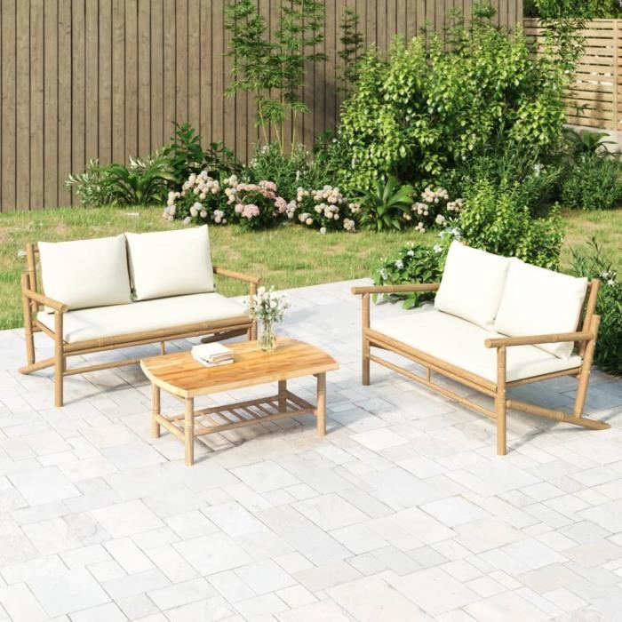 vidaXL Banc de jardin avec coussins blanc crème bambou 363460