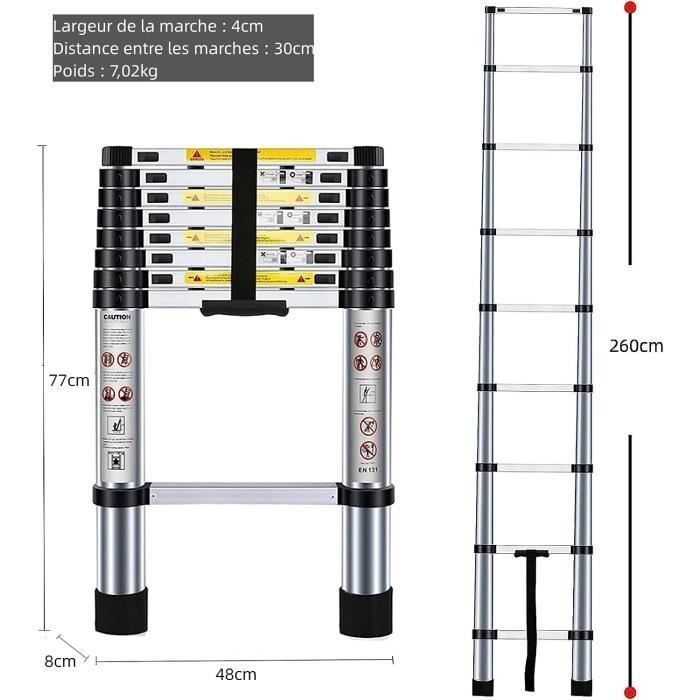 Escalera telescópica de aluminio Dripex de 2,6 m para bricolaje, plegable, extensible, recta simple, escalera multifuncional, capacidad de carga de 150 kg.