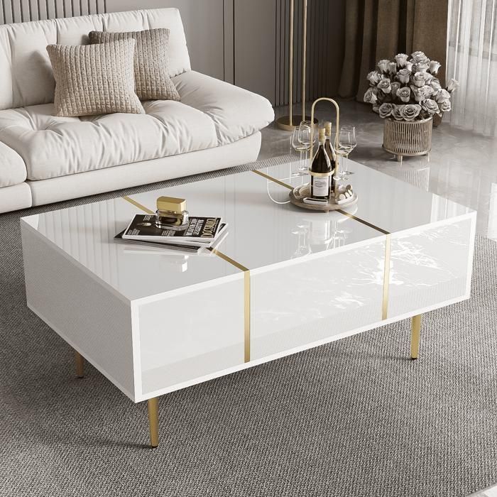 Tavolino da caffè - SOMUBI - Moderno - 2 cassetti - MDF - 100x60x41,5 cm - Bianco lucido
