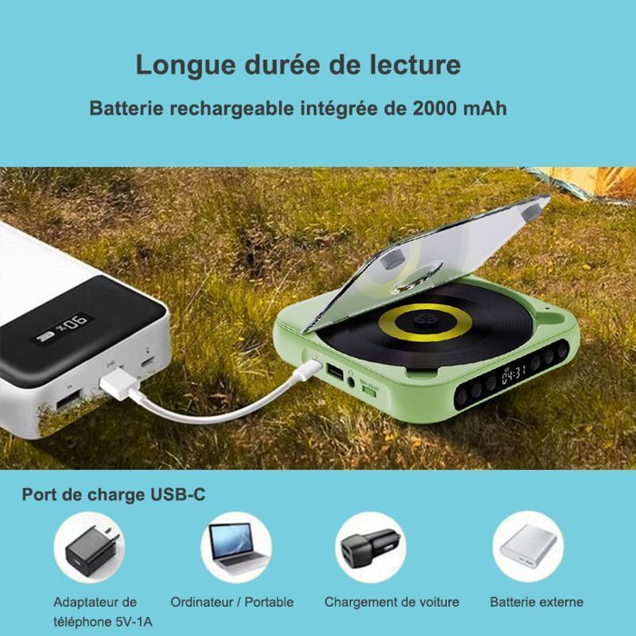 Lecteur CD Portable Bluetooth Ultra Fin - Lecteur CD/USB Rechargeable 2000mAh - Hi-Fi avec Haut-Parleur - Vert clair