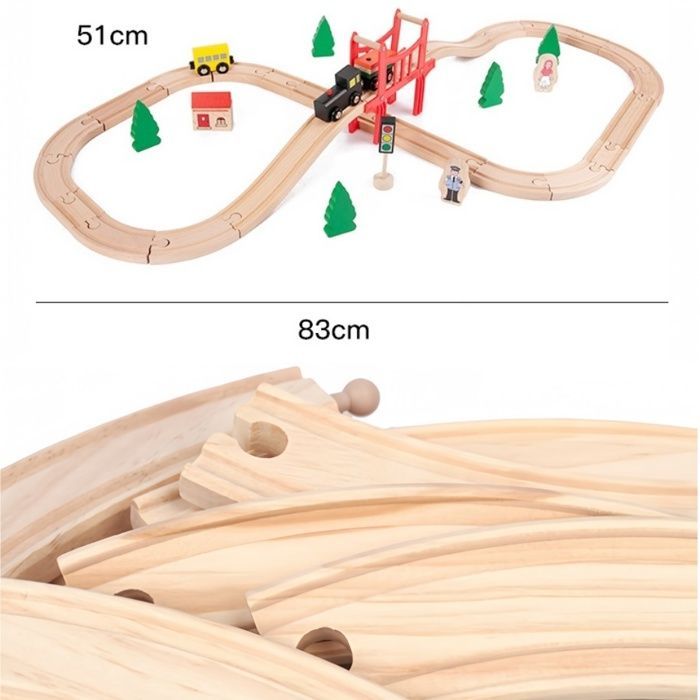 Tren de juguete de madera - 39 piezas - Con vías, puente y vehículos para niños de 3 a 6 años - Compatible con otros trenes