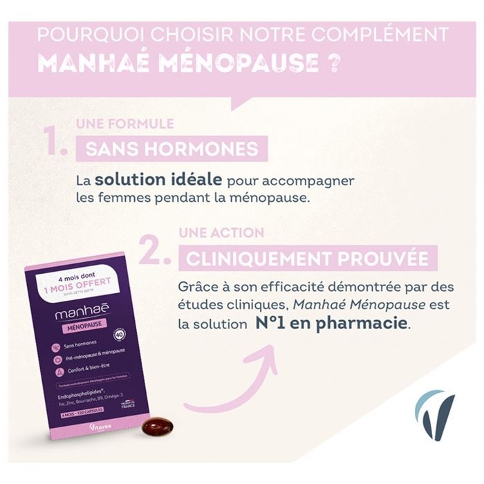 Vitavea Manhaé - Complemento alimenticio sin hormonas para la menopausia/premenopausia - Confort y bienestar - 120 cápsulas - Tratamiento de 4 meses