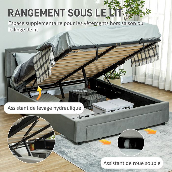 Estructura de cama doble - HOMCOM - base con almacenamiento y resortes de gas - cajón con ruedas - cabecero ajustable con tapizado efecto terciopelo - gris