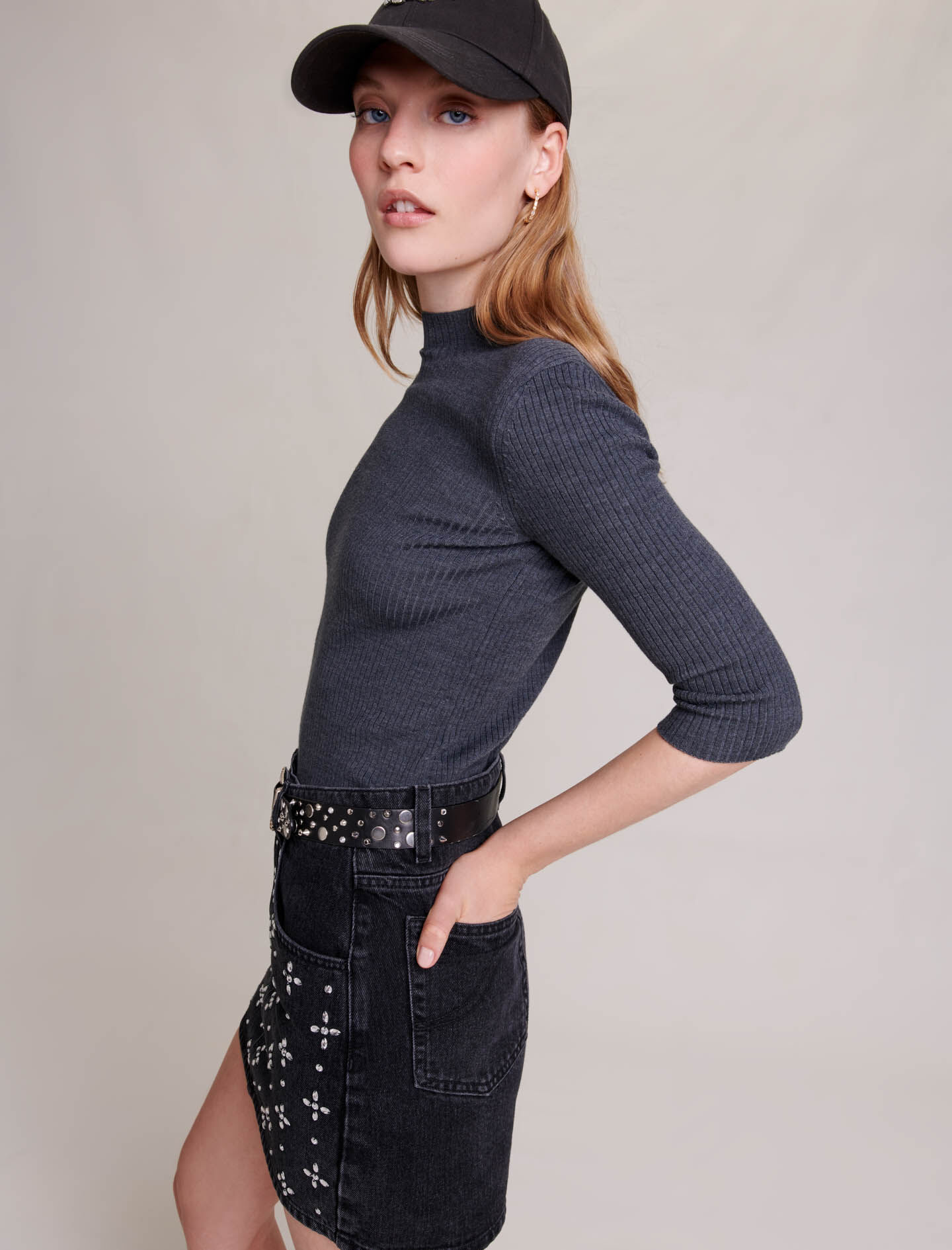 Fustă mini din denim cu strasuri - Negru