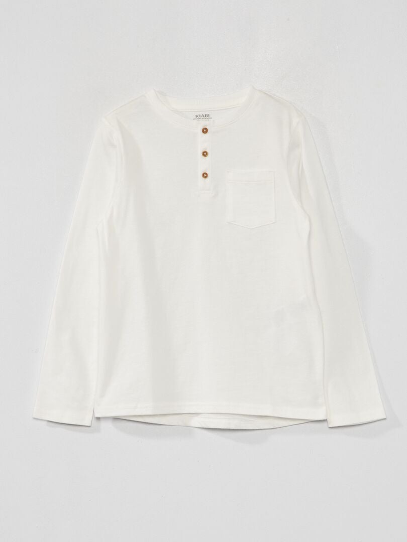 Camiseta de manga comprida com gola Henley - Branca