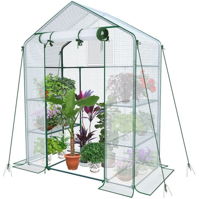VOUNOT® Garden greenhouse with shelves 143x73x195cm white - reinforced 135g/m² cover - mosquito net window - zipped roll-up door