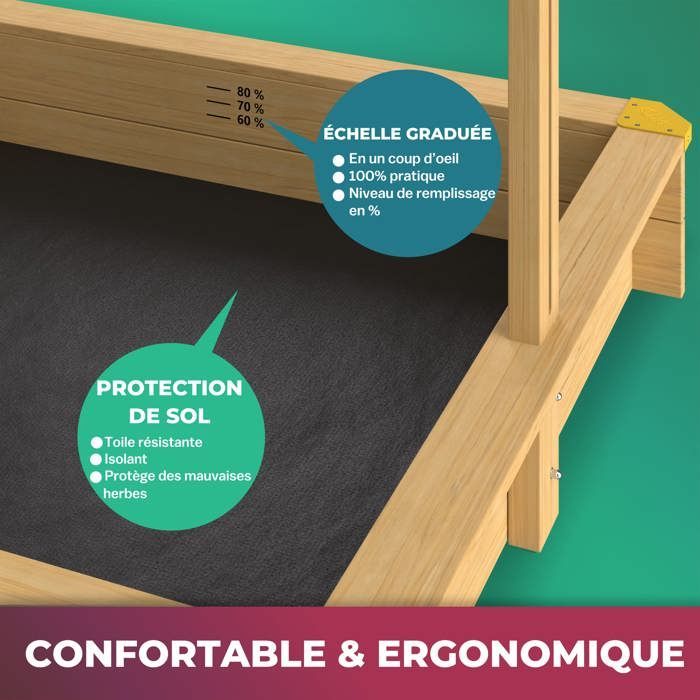 Spielwerk Bac à sable en bois d'épicéa SAMU 120x120cm toit réglable de protection UV jeu pour enfants extérieur jardin