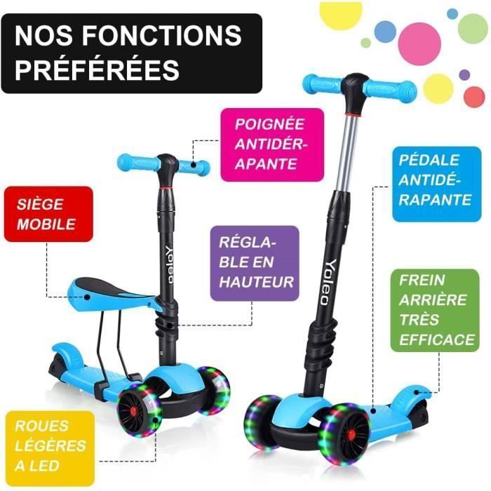 Patinete com Assento Removível - YOLEO - 3 Rodas - LED Azul - Para Crianças de 2 a 10 Anos