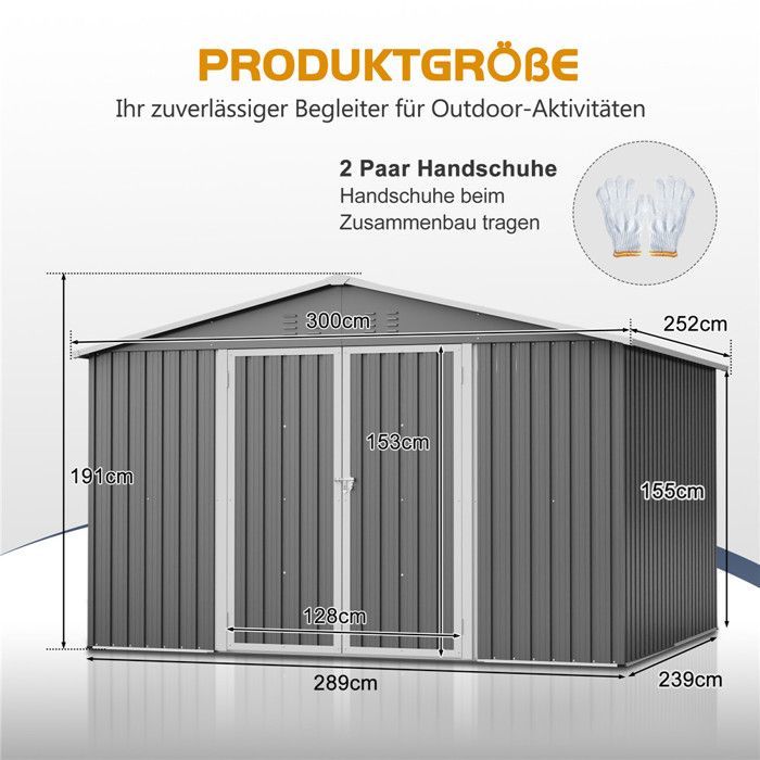 Gartenhaus, großes 6,9 m² Metall-Gartenhaus mit Türschloss, Belüftungsöffnungen, 300 x 252 x 191 cm, Grau