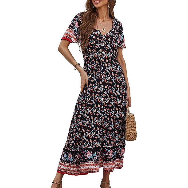 Abito lungo midi da donna estivo casual a maniche corte con stampa floreale, scollo a V, stile bohémien, lunghezza svolazzante e spacco.