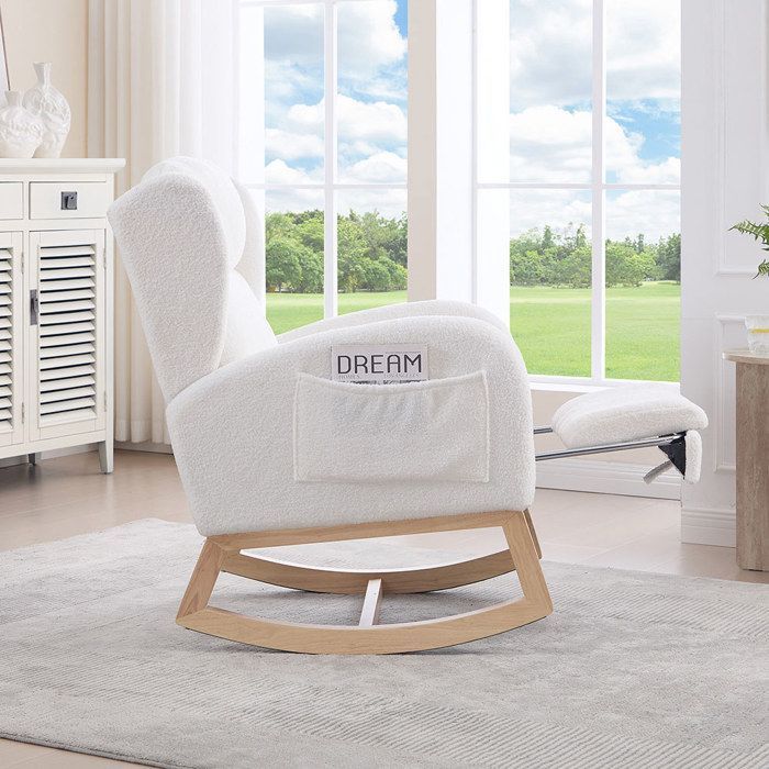 Scandinavian rocking chair, comfortable nursing chair, white teddy fabric, integrated pocket