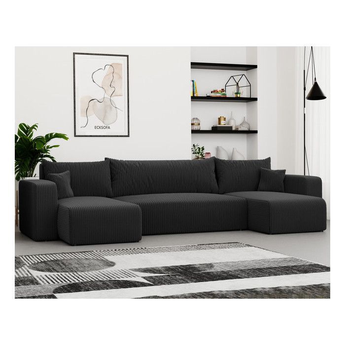 Canapé d'angle Panoramique PIANO U - 7 places - Canape Convertible avec Coffre - Tissu Velours Cotelé - Anthracite