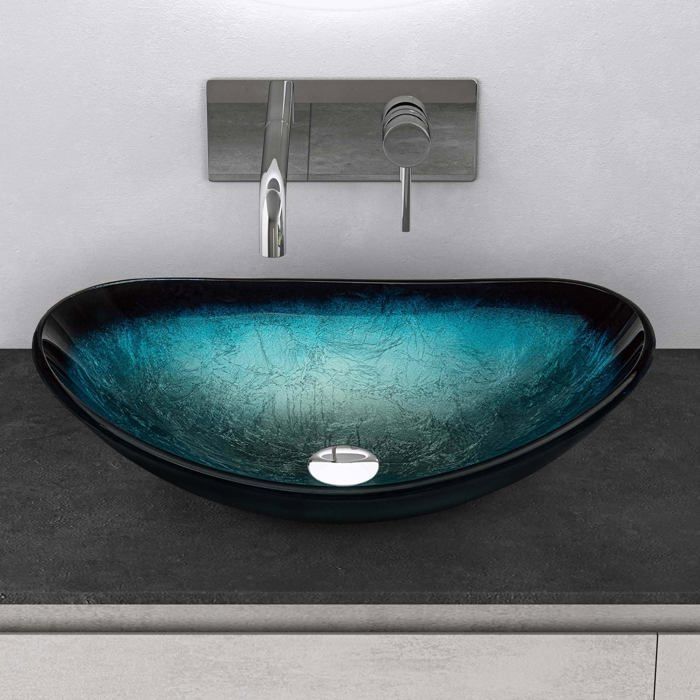Lavatório de vidro para bancada Mai & Mai, formato oval, azul, para banheiro ou lavabo, 53,5 x 35,5 x 16 cm, Min08