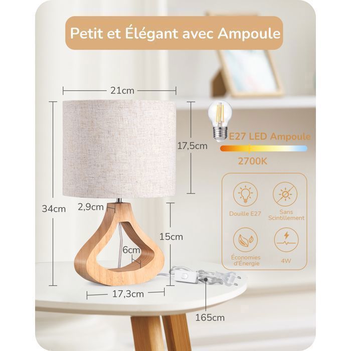 Lámpara de mesa EDISHINE con pantalla de lino, bombilla LED E27 de 2700K incluida, base de madera maciza.