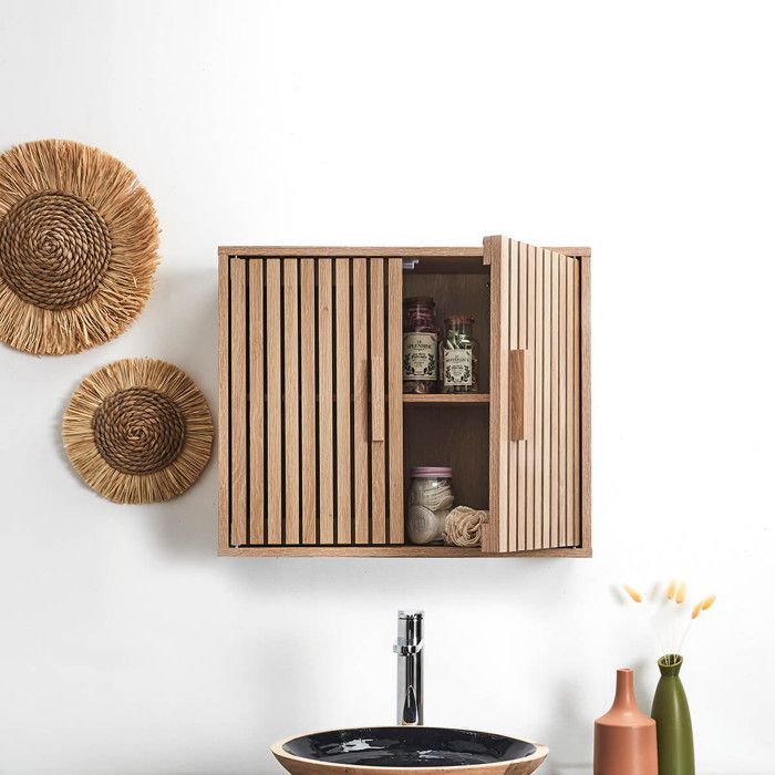 PAJAN - Armario de pared de 2 puertas con efecto madera y listones de madera