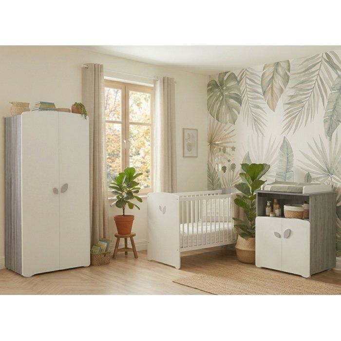 Leaf trio baby bedroom set: 120x60 cot, changing table and wardrobe - Babyprice - White