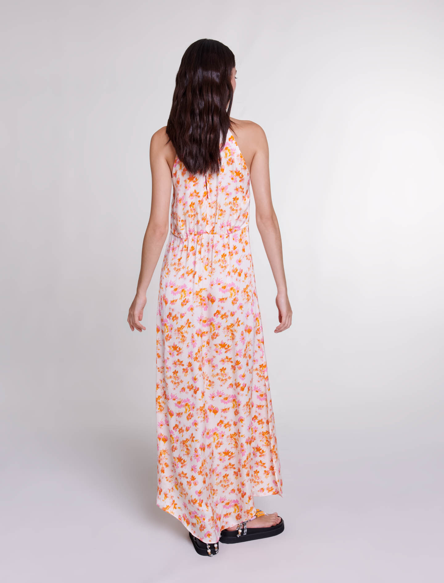 Lange jurk met bloemen- en satijnenprint - oranje print