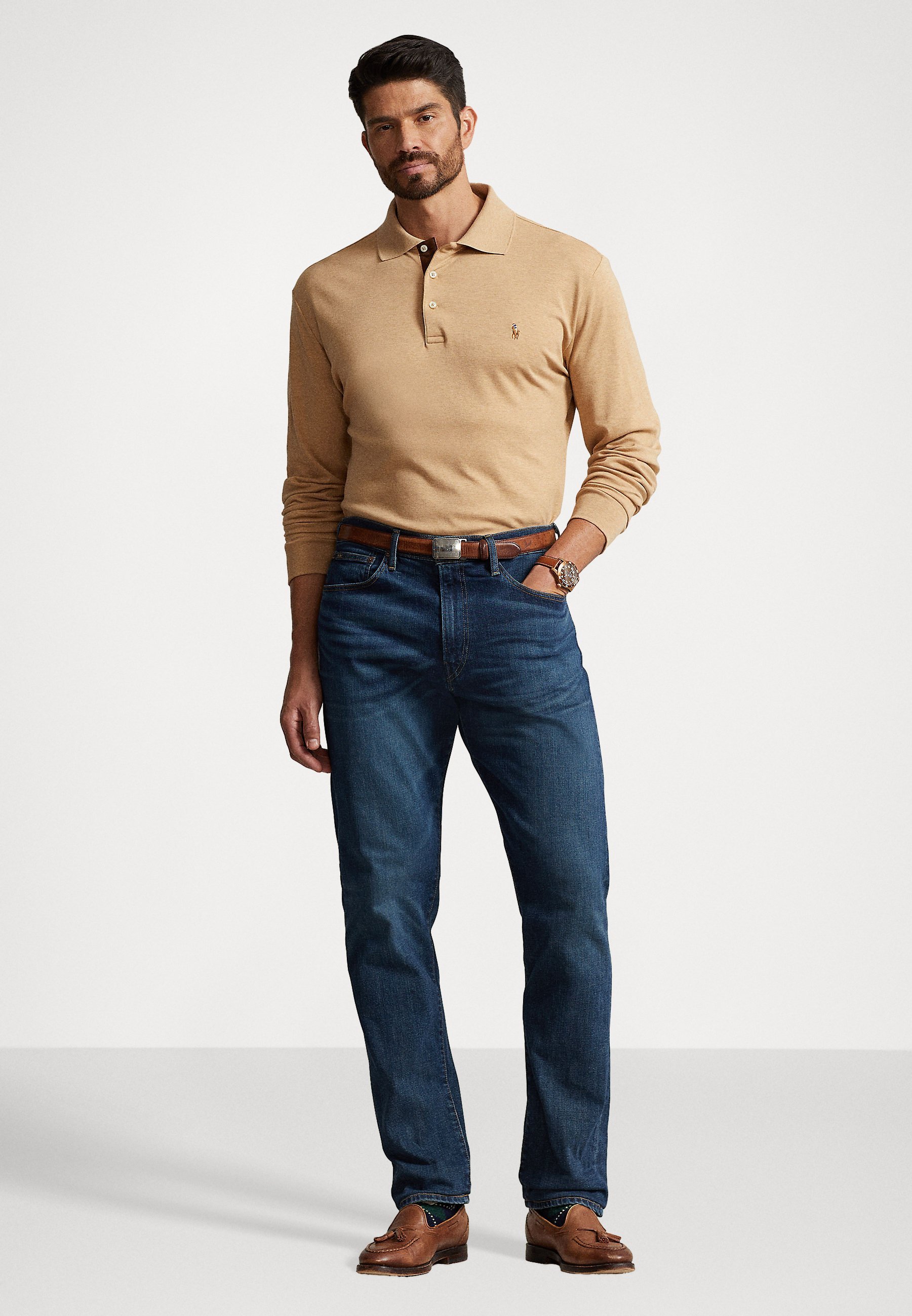 Polo Ralph Lauren Big & Tall zacht katoenen poloshirt met lange mouwen - Poloshirt - klassiek camelkleurig gemêleerd