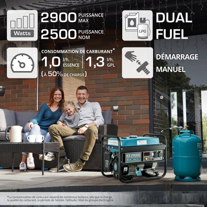 KS 2900G Könner & Söhnen petrol-gas generator, max power 2900W, manual start, AVR regulator, LED display.