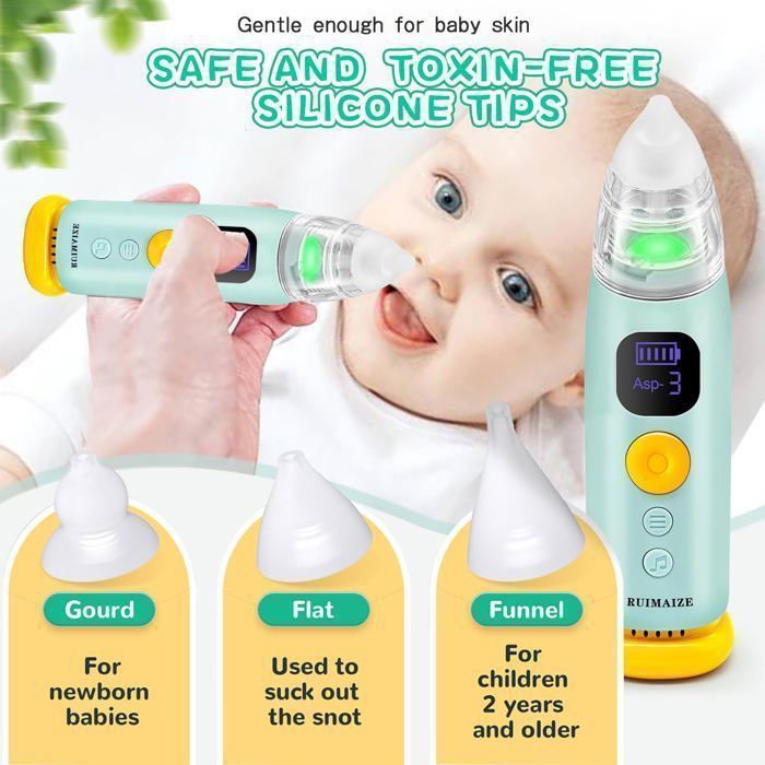 Aspirador nasal eléctrico recargable para bebés, 3 puntas reutilizables, ventosa nasal para bebés