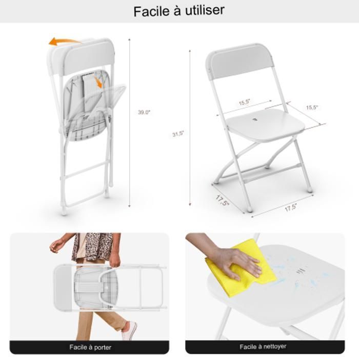 Lot de 8 chaises pliantes en plastique blanc, sièges commerciaux empilables portables intérieurs et extérieurs avec cadre en acier