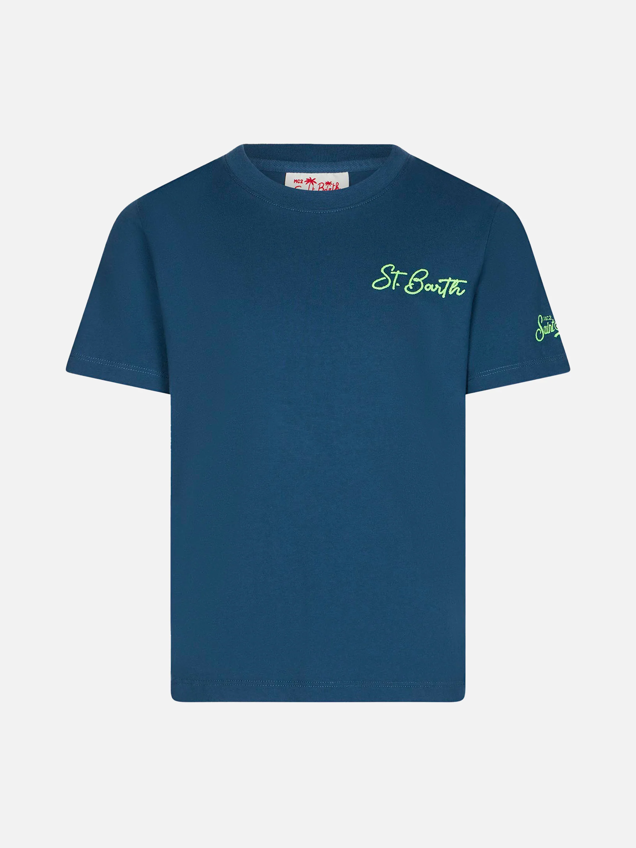 Blauw katoenen T-shirt voor jongens met een print van het strand van St. Barth.