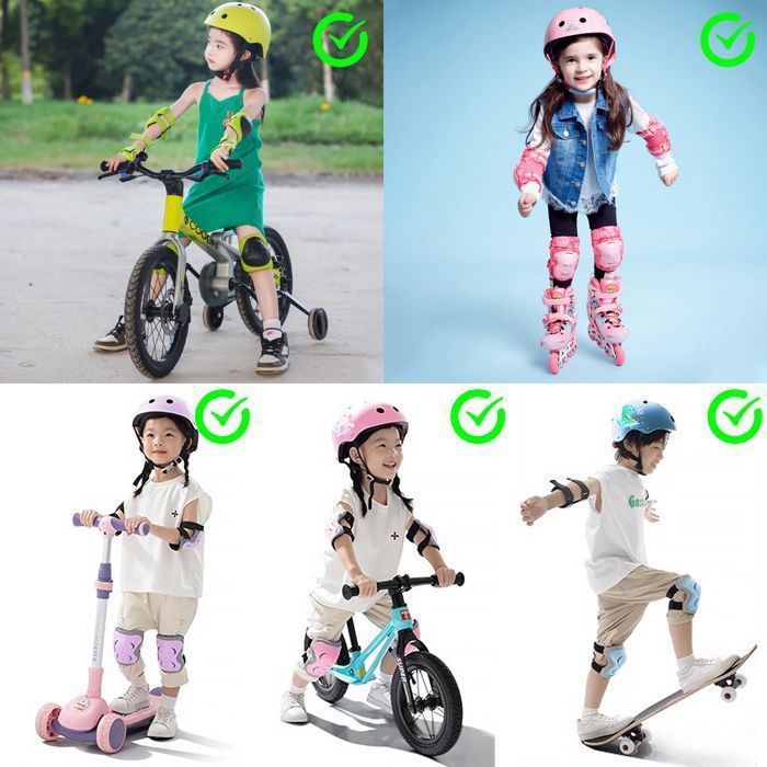 Wozwe® Professional Casque de sport pour enfants, genouillères et coudières, set de 7 pièces, bleu (2-14 Ans)