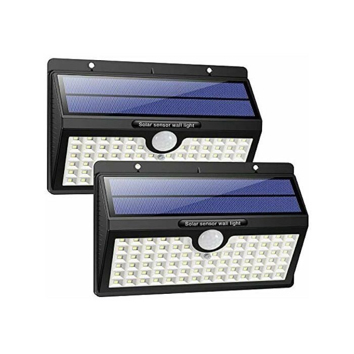 Focos solares para exteriores [Versión de bajo consumo] Paquete de 2 unidades con sensor de movimiento de 78 LED y ángulo de visión de 180°